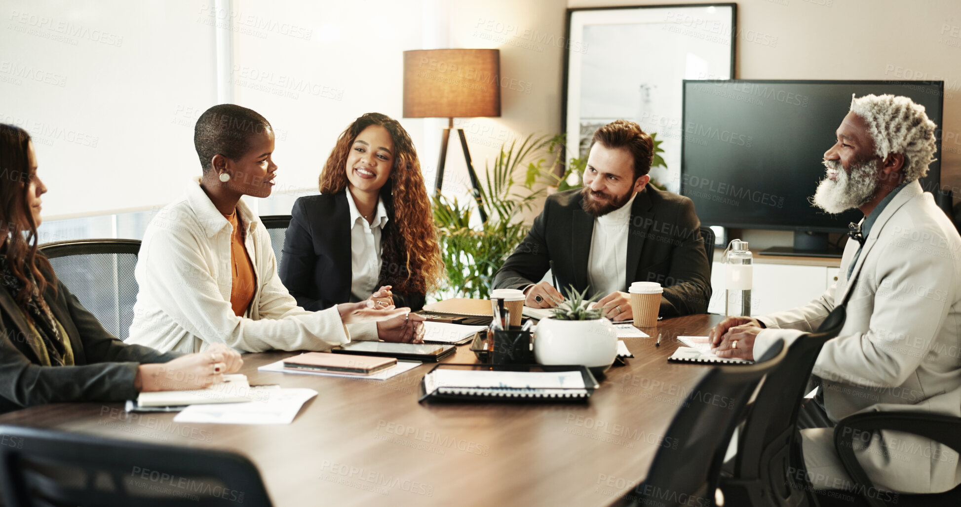 Buy stock photo Teamwork, feedback and business people in meeting, communication and financial company. Employees, accounting firm and group in boardroom, negotiation and review for budget report, help and talking