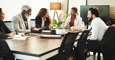 Buy stock photo Brainstorming, planning and business people in meeting, communication and financial company. Employees, accounting firm and group in boardroom, negotiation and feedback for budget report and seminar