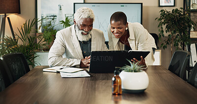 Buy stock photo Finance, business people and mentor with laptop, cooperation and conversation in office. Employees, coaching and coworking with planning, account and research for investment, connection and budget