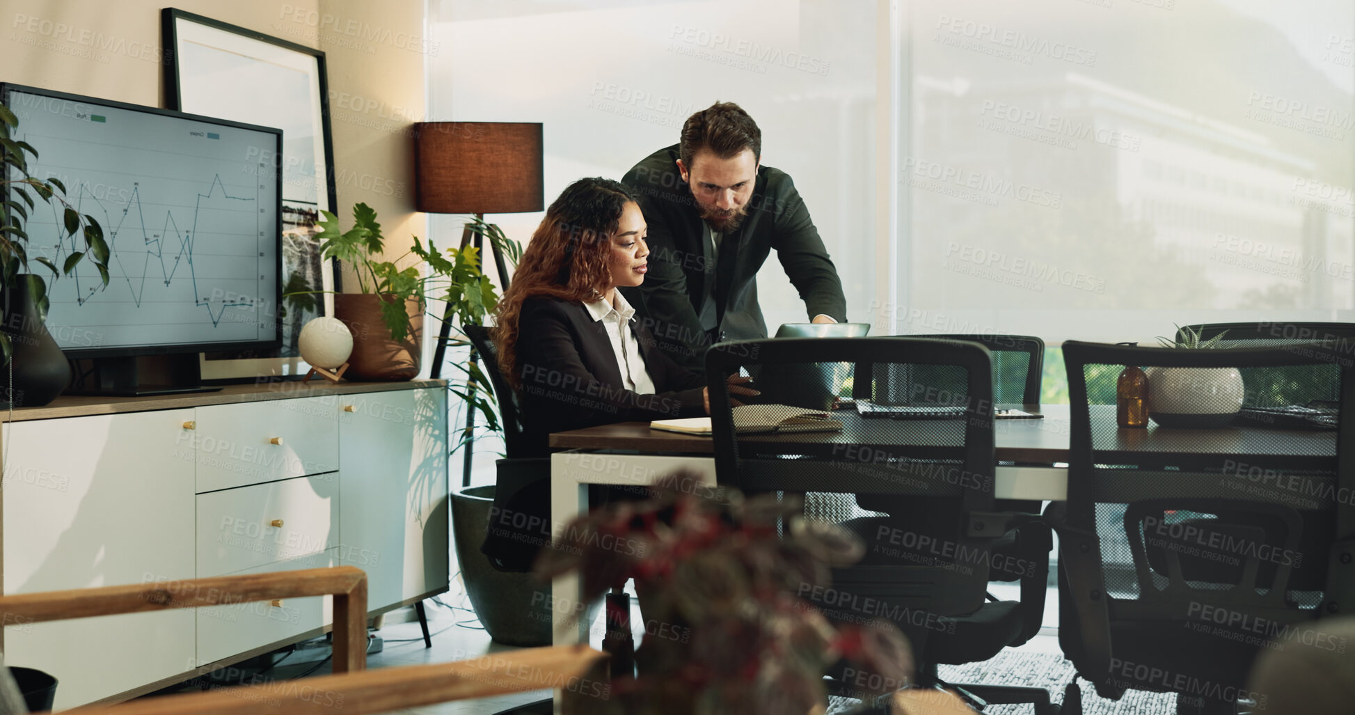 Buy stock photo Finance, business people and mentor with laptop, teamwork and conversation in modern office. Employees, coaching and coworking with internet, update account and research for investment and budget