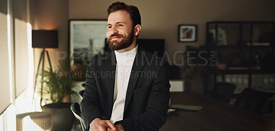 Buy stock photo Business man, smile and thinking in office for financial growth, proposal and brand development with idea. Executive, happy and planning in workplace for project, company mission and future vision