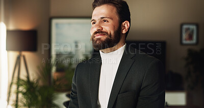 Buy stock photo Business man, happy and thinking in office for financial growth, proposal and brand development with idea. Executive, smile and planning in workplace for project, company mission and future vision