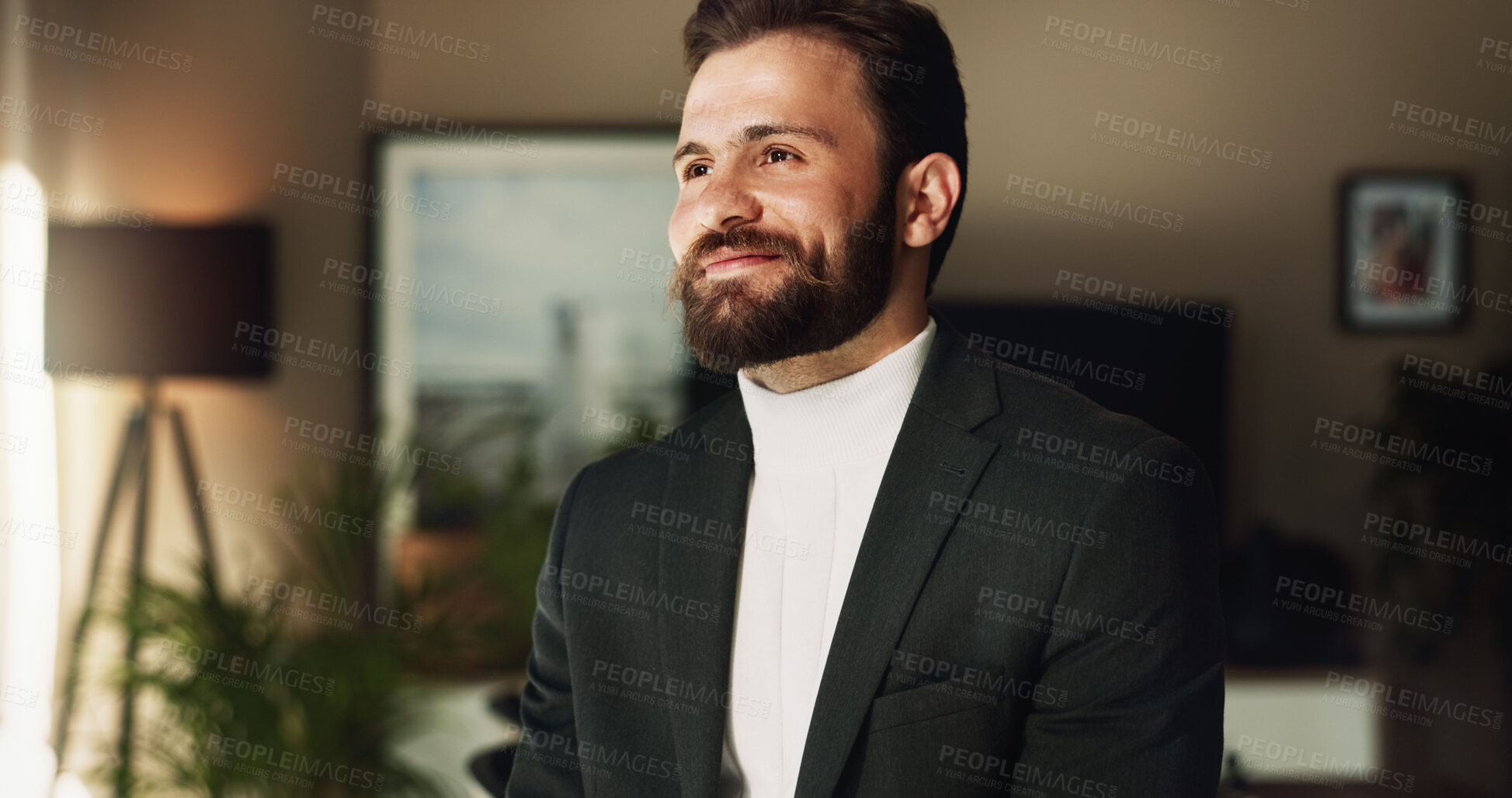 Buy stock photo Business man, happy and thinking in office for financial growth, proposal and brand development with idea. Executive, smile and planning in workplace for project, company mission and future vision