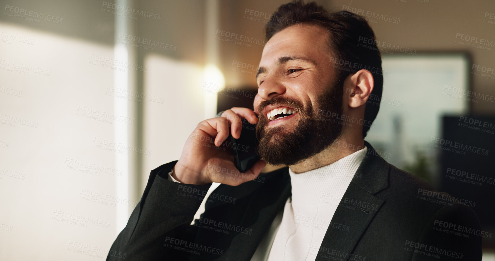 Buy stock photo Happy man, business or phone call in office for news, opportunity or positive feedback. Creative consultant, smile or tech in agency for contact, loan approval and project planning for startup growth