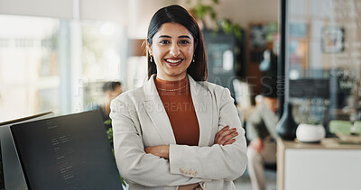 Buy stock photo Confident, smile and woman with arms crossed, office and paralegal for law firm, portrait and happy. Corporate person, joy and legal assistant in business, proud and technology for professional