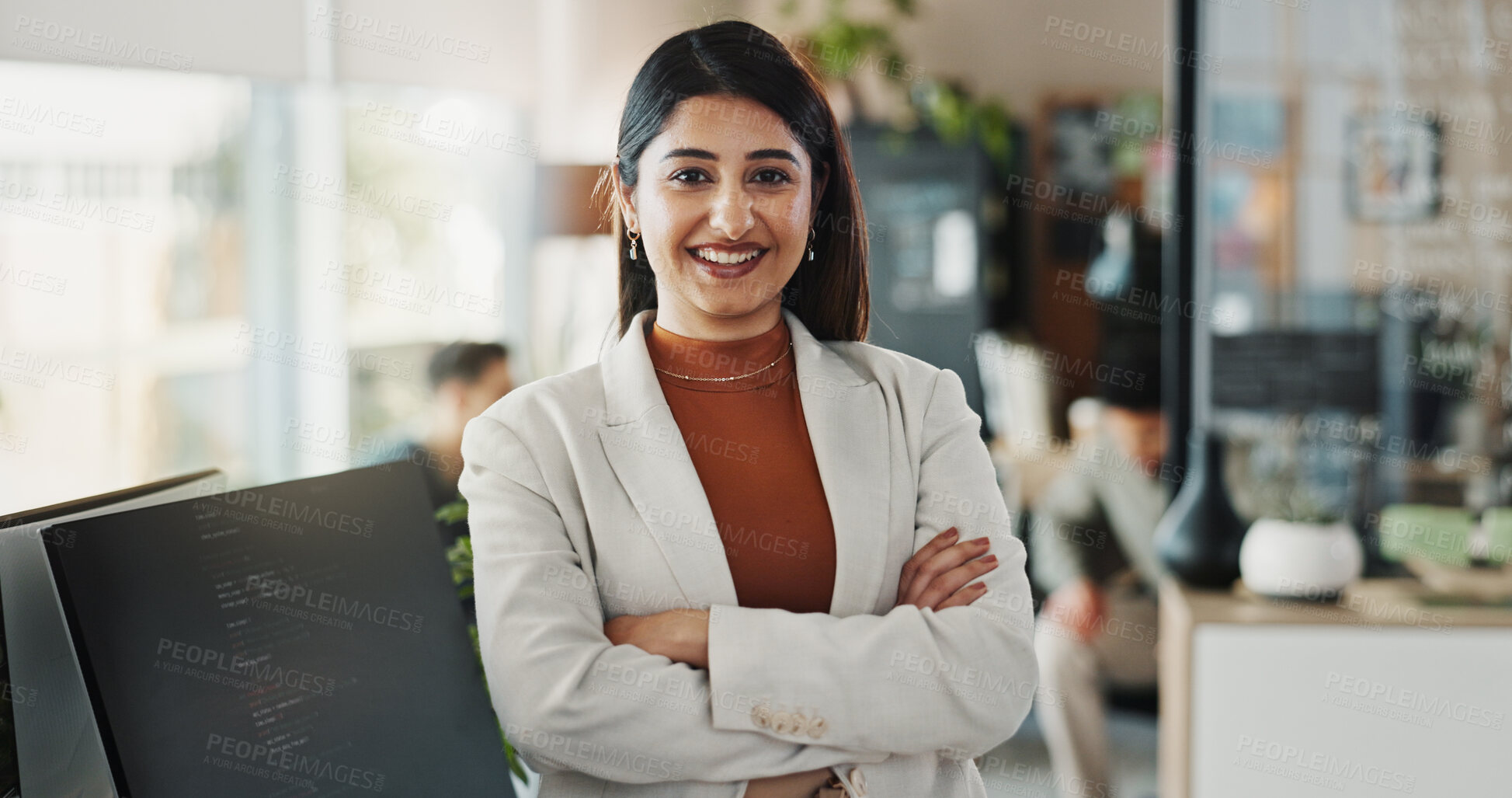 Buy stock photo Confident, smile and woman with arms crossed, office and paralegal for law firm, portrait and happy. Corporate person, joy and legal assistant in business, proud and technology for professional