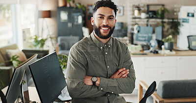 Buy stock photo Portrait, man and developer with pride in office for web development, software maintenance and coding. Person, arms crossed and computer programming with system update, application and project design