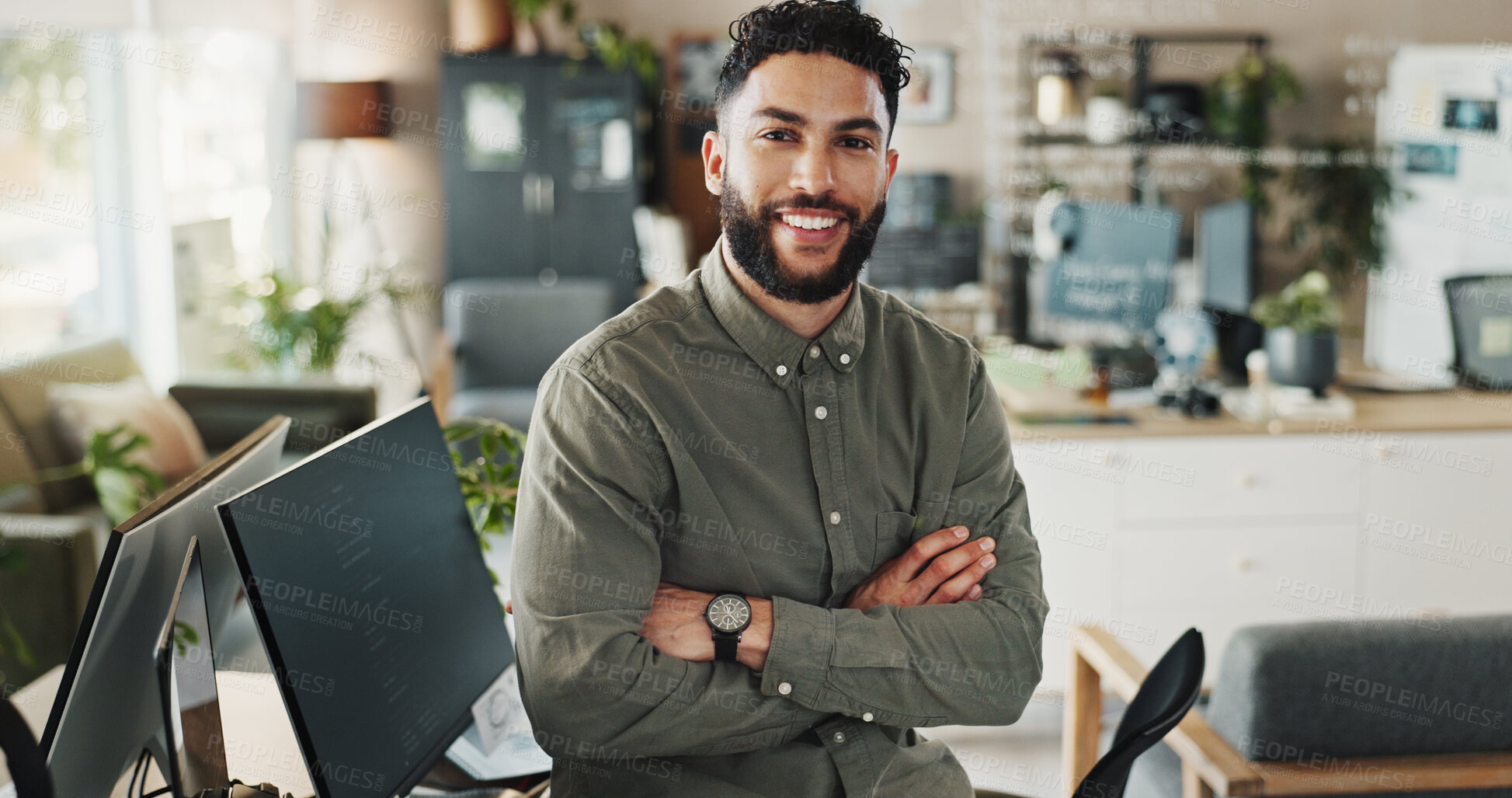 Buy stock photo Portrait, man and developer with pride in office for web development, software maintenance and coding. Person, arms crossed and computer programming with system update, application and project design