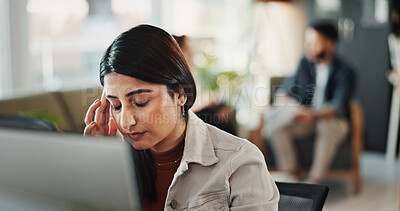 Buy stock photo Frustrated, woman and headache with stress for bankruptcy, mistake or failure at office. Tired, female person or employee with migraine or strain for fatigue, depression or company debt at workplace