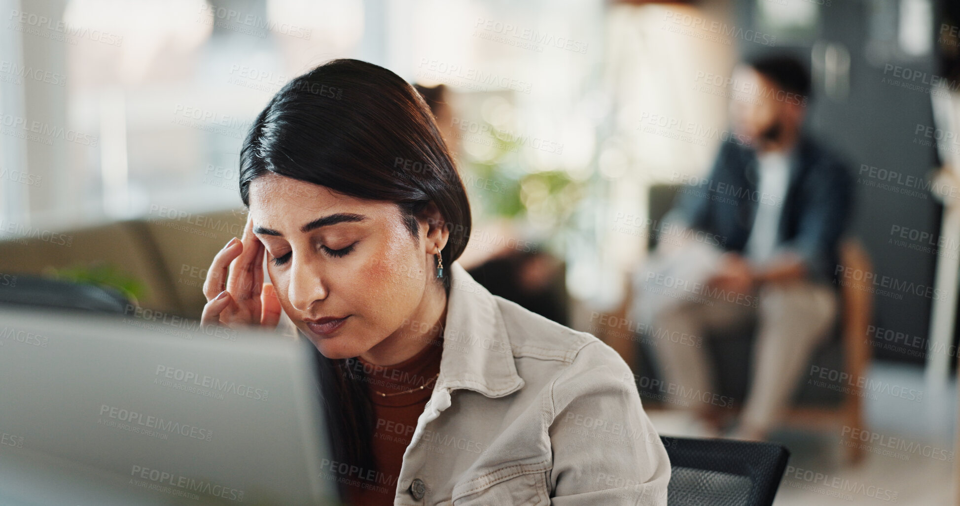 Buy stock photo Frustrated, woman and headache with stress for bankruptcy, mistake or failure at office. Tired, female person or employee with migraine or strain for fatigue, depression or company debt at workplace