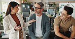 Programmers, people or talking in office for advice, feedback or problem solving at tech. Programming team, discussion or pitch in agency for collaboration, project management or software development