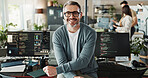 Happy man, coder and glasses in office for portrait, website development and software engineering on screen. Mature programmer, smile and computer in agency for cybersecurity, programming and coding