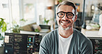 Man, programmer and glasses in agency for portrait, web development or software engineering on screen. Mature coder, happy or tech in office for cybersecurity, programming or smile for startup growth