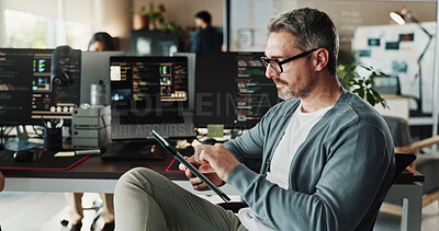 Buy stock photo Programmer, businessman and manager research on tablet for software development, scroll or online update. Code, digital technology and mature engineer design ui, website and app in creative startup