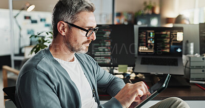 Buy stock photo Programmer, businessman and research on tablet for software, scroll database or development update. Code, digital technology and mature manager design game ui, website and app in creative startup