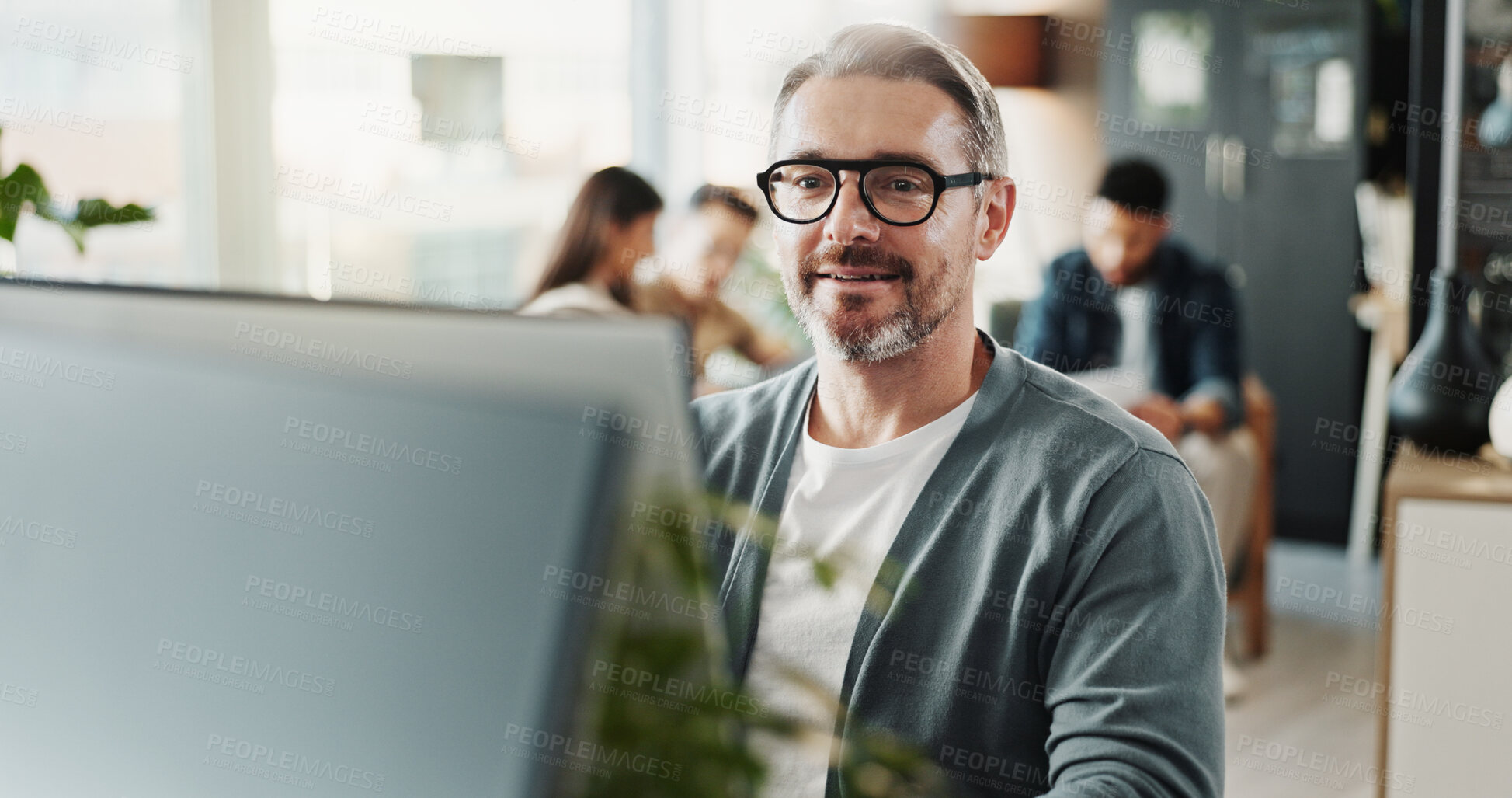 Buy stock photo Happy, business and mature man with computer, smile and online reading with career ambition. Journalist, creative agency and editor with glasses, network and idea with research for article or eyewear