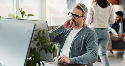 Buy stock photo Business, computer and man with neck pain, muscle tension and stress in office. Person, magazine editor and journalist in workplace, pc and tired with shoulder strain, inflammation and burnout