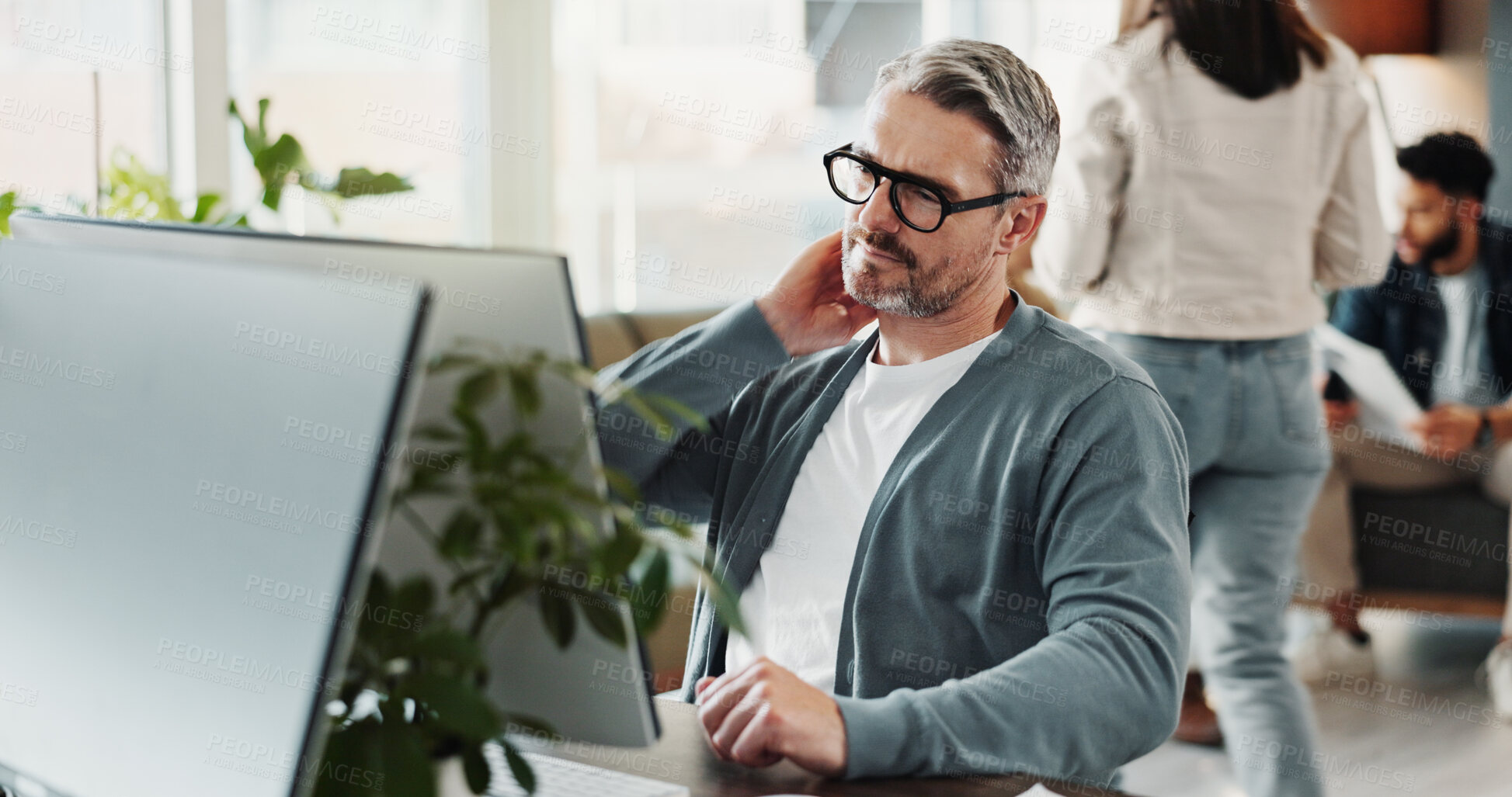 Buy stock photo Business, computer and man with neck pain, muscle tension and stress in office. Person, magazine editor and journalist in workplace, pc and tired with shoulder strain, inflammation and burnout