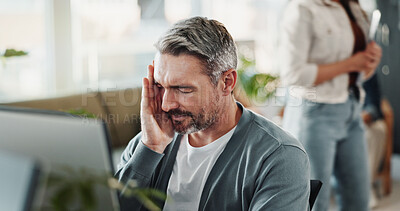 Buy stock photo Mature, businessman or headache with stress for bankruptcy, mistake or failure at office. Senior, man or employee with migraine, anxiety or strain for fatigue, depression or company debt at workplace