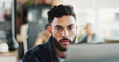 Buy stock photo Reading, research and computer with business man in office for planning, networking and company newsletter. Website designer, client feedback and online with person in creative startup for proposal