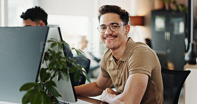 Buy stock photo Computer, portrait and web development with smile of man in creative workplace for coding or design. Cybersecurity, happy and system infrastructure with employee person in office as website developer