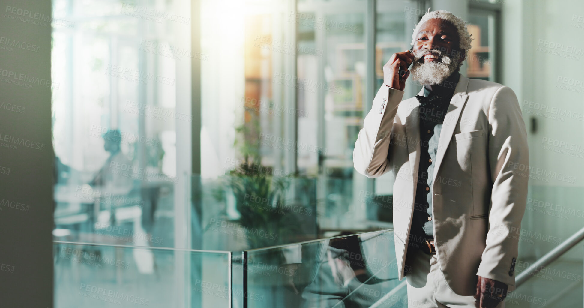 Buy stock photo Business, black man and happiness at office in phone call for communication or networking as property developer. Mature person, ceo and discussion at workplace for investment returns and growth