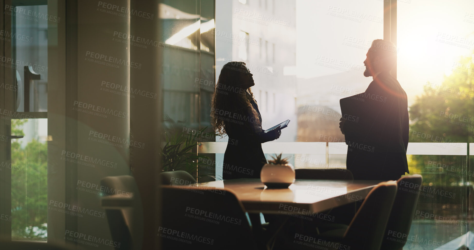 Buy stock photo Business, people and meeting with tablet in office for discussion, corporate law and legal advice. Employees, attorney and digital with communication for case solution, proposal update and justice