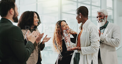 Buy stock photo Business people, applause and celebration in office for award, achievement or employee development. Team, clapping and support in workplace for congratulations, success or prize winner with diversity