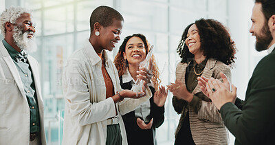 Buy stock photo Business people, applause and success in office for award, achievement or employee development. Team, clapping and support in workplace for congratulations, celebration or prize winner with diversity