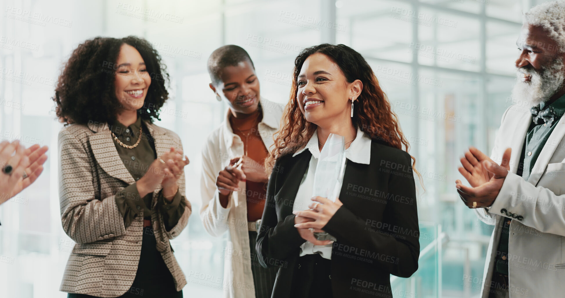 Buy stock photo Business people, applause and celebration for award, achievement or employee development in office. Team, clapping and support in workplace for congratulations, success or prize winner with diversity