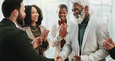 Buy stock photo Business, people and handshake with applause in office for partnership, introduction and meeting success. Staff, clapping and agreement respect of promotion deal, onboarding offer and b2b opportunity