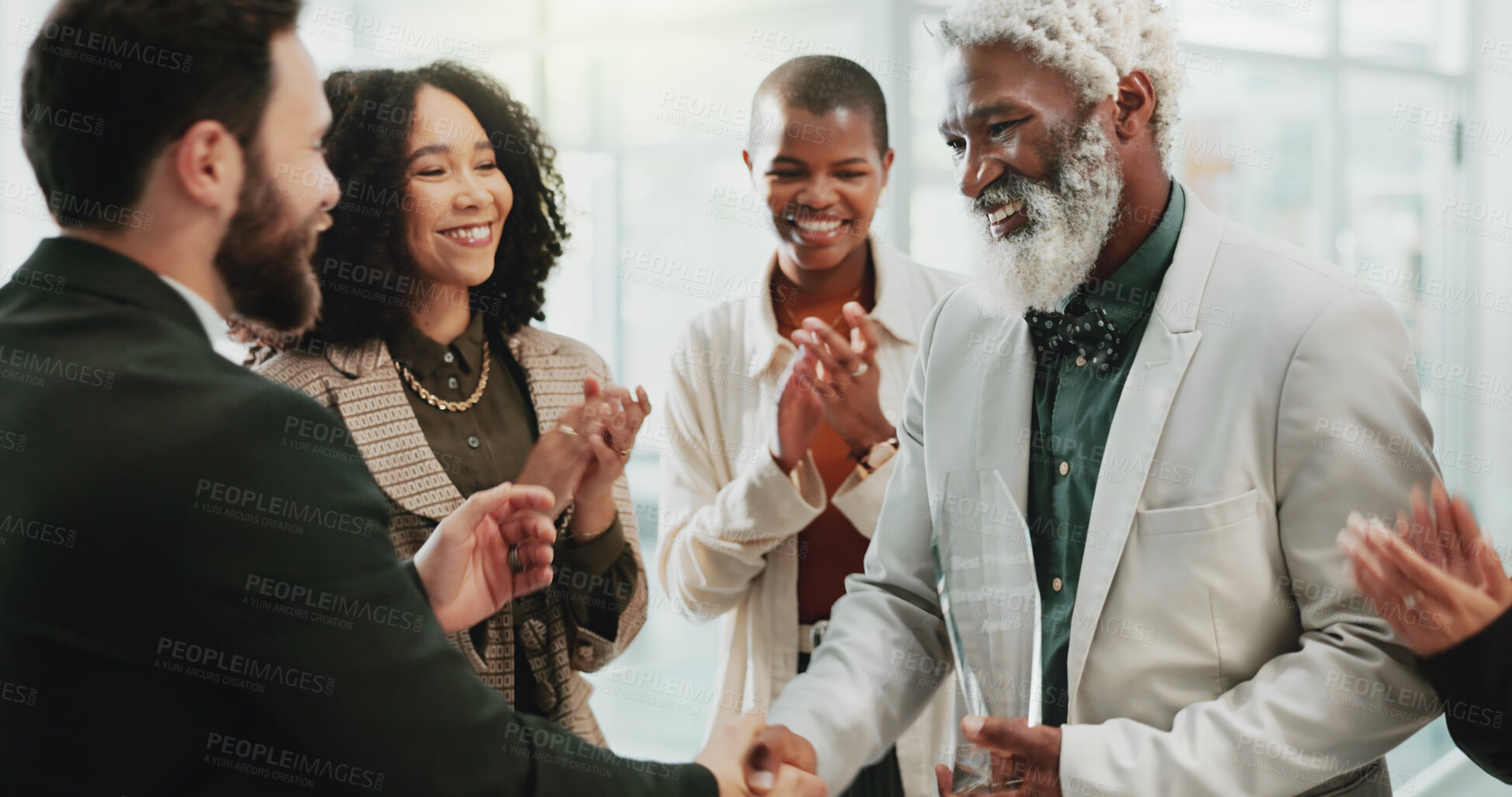 Buy stock photo Business, people and handshake with applause in office for partnership, introduction and meeting success. Staff, clapping and agreement respect of promotion deal, onboarding offer and b2b opportunity