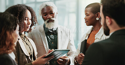 Buy stock photo Business, people and office with tablet on meeting for report, feedback and reviews on property development. Employees, diversity and discussion with teamwork or collaboration on real estate project