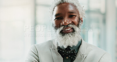 Buy stock photo Business, black man and smile on portrait at office as ceo  for real estate company as property developer. Mature person, corporate and confident at workplace for investment opportunity and ambition