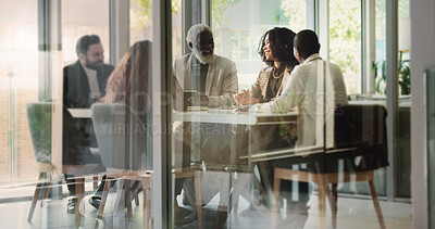 Buy stock photo Business, people and meeting at boardroom for strategy, planning and report or feedback as property developer. Diversity, employees and happy at office with discussion, teamwork and collaboration