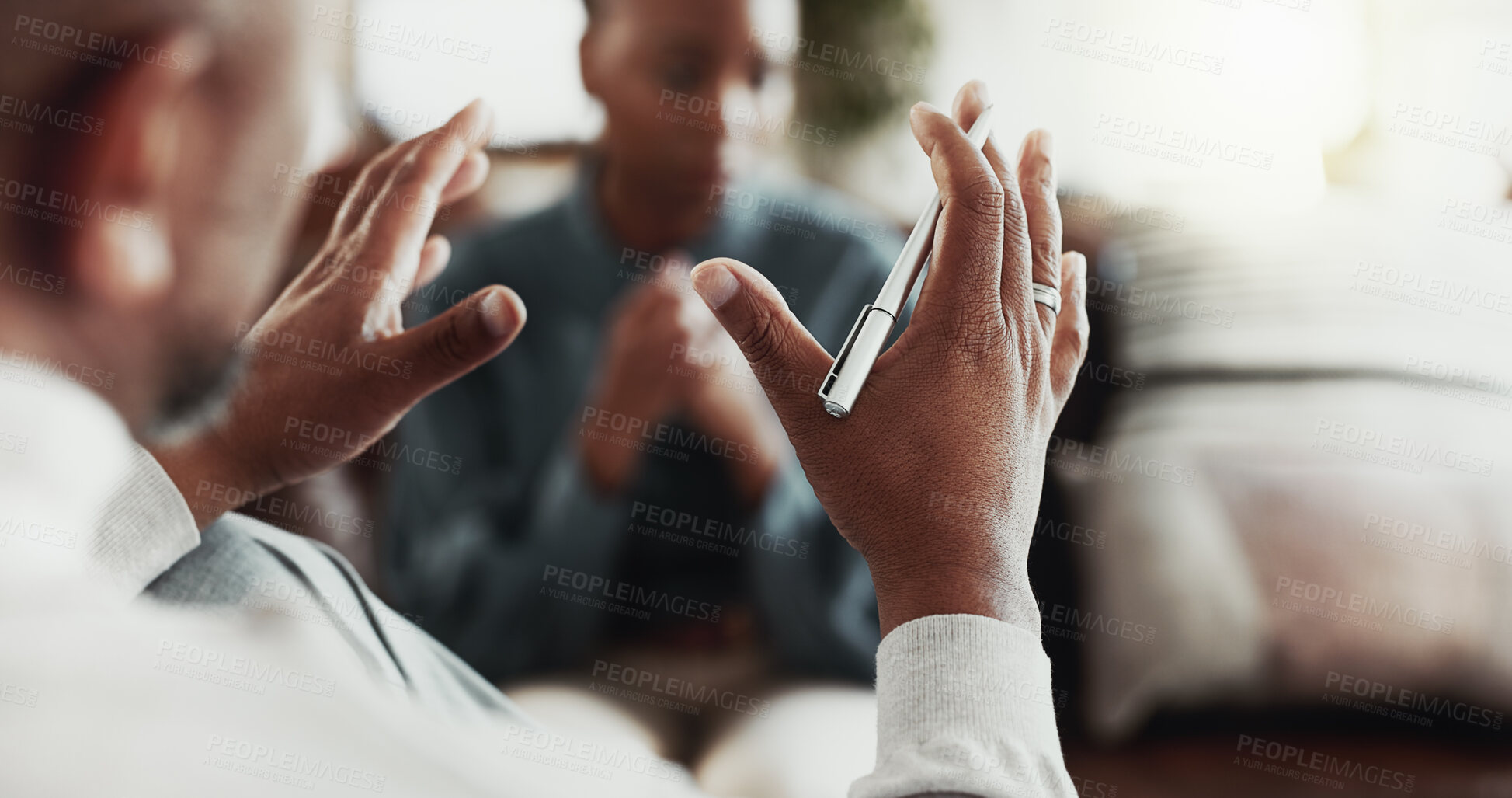 Buy stock photo Psychologist, patient and hands in office, mental health and grief therapy with support. Counselling, people and woman with stress, consulting or empathy with sympathy, client and trauma with anxiety