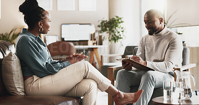 Buy stock photo African man, psychologist and woman with writing, notes or checklist for mental health consultation. Black people, therapist and patient with clipboard for test, assessment or help at wellness clinic