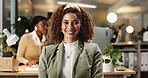Professional, portrait and night with business woman in office for smile, planning and global market advisor. Corporate, proposal deadline and research with employee in finance agency for overtime