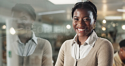 Buy stock photo Black woman, happy and portrait at night in office with pride, confidence and career at startup company. Person, writer or editor with job, excited or smile for overtime at creative agency in Nigeria