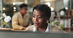 Black woman, computer and global communication in office, email client and online to update site. Female person, journalist and chat to contact for quote in workplace, night and reporter for article