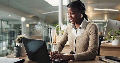 Buy stock photo Black woman, laptop and news communication in office, email client and online to update website. Female person, journalist and chat to contact for quote in workplace, night and reporter for article