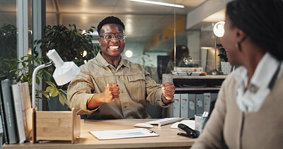 Buy stock photo Excited, black man or night with colleague for celebration, winning or promotion at office. Happy African, male person or winner with smile on computer for victory, good news or success at workplace