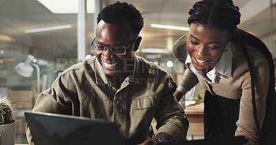 Buy stock photo Web designer, black people and laptop with happiness in working late as coworkers or team in office. Woman, man and tech for collaboration, project or together in digital agency for online navigation