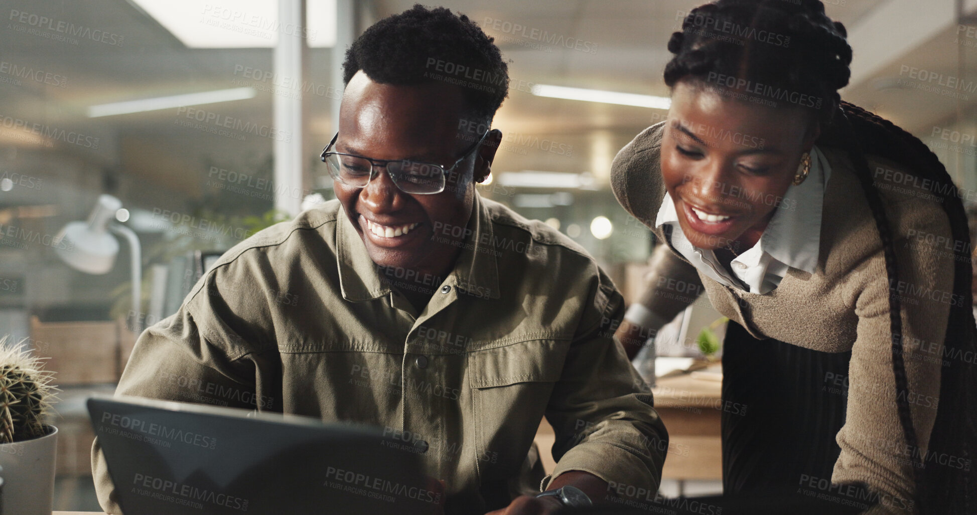 Buy stock photo Web designer, black people and laptop with happiness in working late as coworkers or team in office. Woman, man and tech for collaboration, project or together in digital agency for online navigation