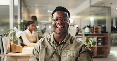 Buy stock photo Happy, portrait and black man with glasses at office for video call, online meeting or communication, Face, African and male person with smile in POV for career talk, chat or selfie at workplace 