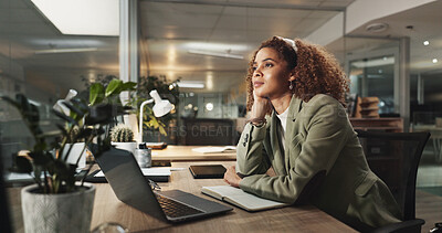 Buy stock photo Woman, laptop and thinking at night in office for project, review and deadline at media company. Person, writer and computer for inspiration, insight and perspective for overtime at creative agency