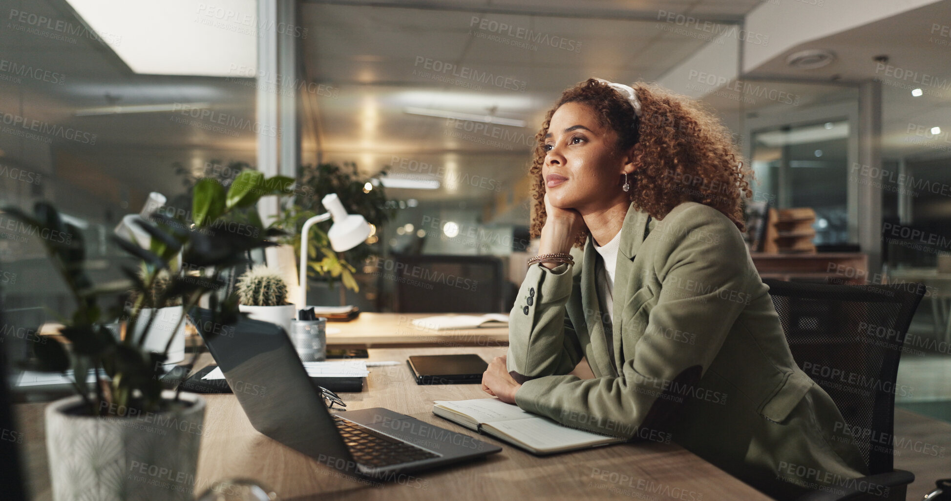 Buy stock photo Woman, laptop and thinking at night in office for project, review and deadline at media company. Person, writer and computer for inspiration, insight and perspective for overtime at creative agency