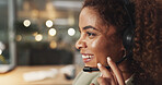 Happy woman, night and agent consulting with headphones at call center for online advice, telemarketing or help at office. Profile, female person or consultant with smile or mic for customer support