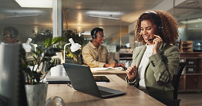 Buy stock photo Happy woman, night or agent consulting with laptop or headphones at call center for online advice or assistance. Female person, consultant or technology with smile for customer service at office