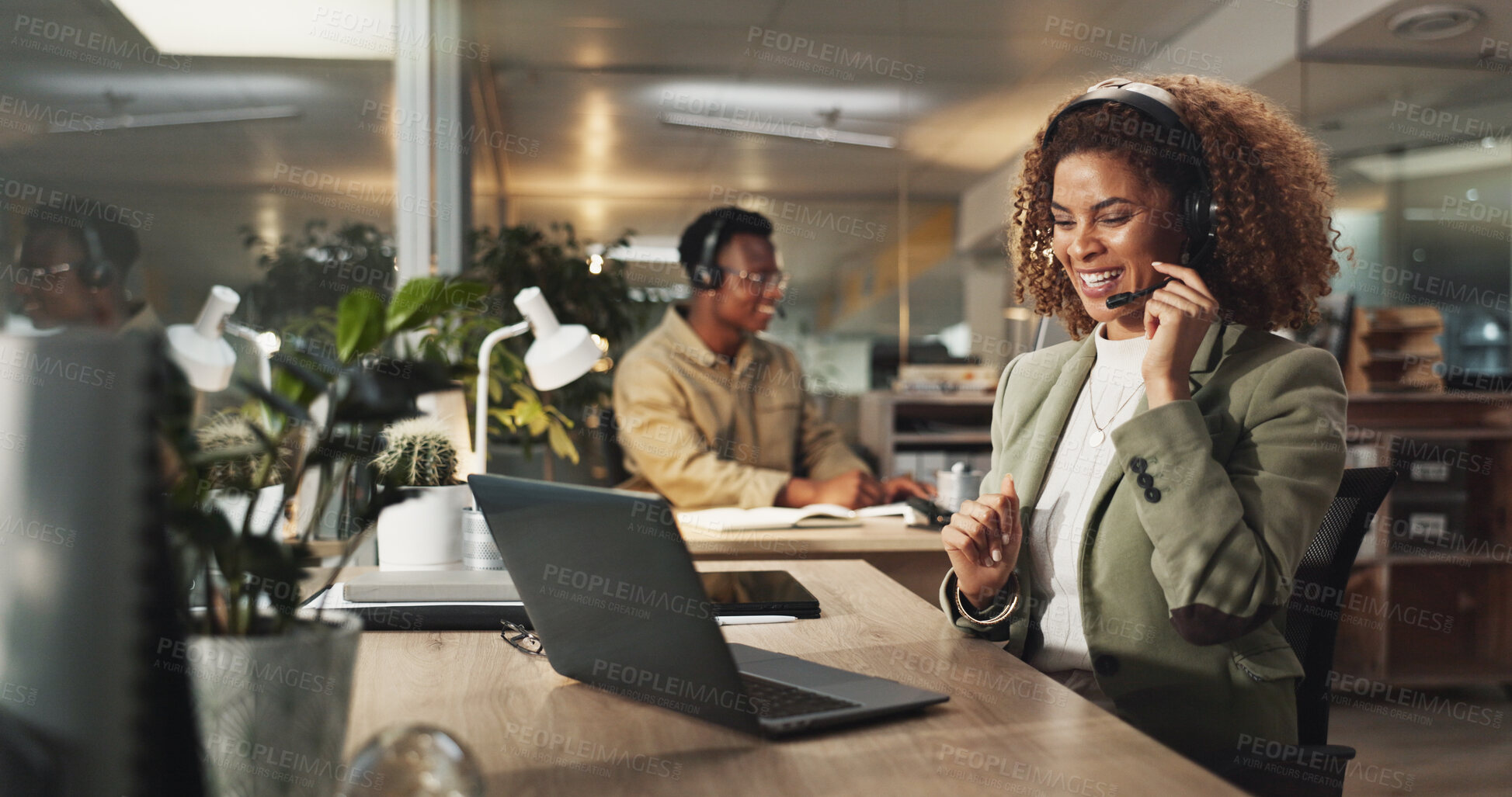 Buy stock photo Happy woman, night or agent consulting with laptop or headphones at call center for online advice or assistance. Female person, consultant or technology with smile for customer service at office